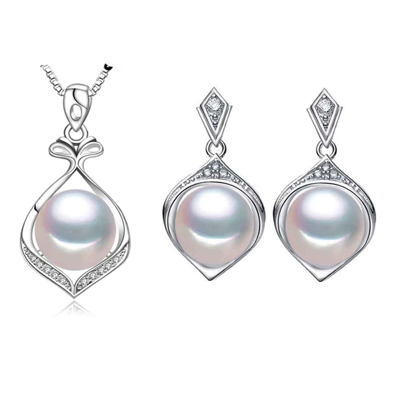 Women's Charming 925 Silver Pearls Necklace and Earrings Jewelry 3 pcs Set