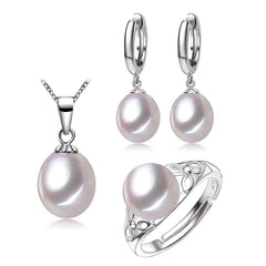 Women's Natural 925 Silver Pearls Jewelry 4 pcs Set