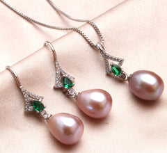 Women's Green Stones 925 Silver Pearls Jewelry 3 pcs Set