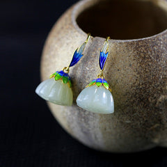White Jade Flower Enamel Earrings
