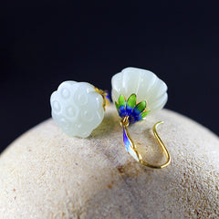 White Jade Flower Enamel Earrings