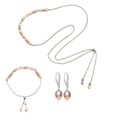Fashion Long 925 Silver Pearls Women's Jewelry 4 pcs Set