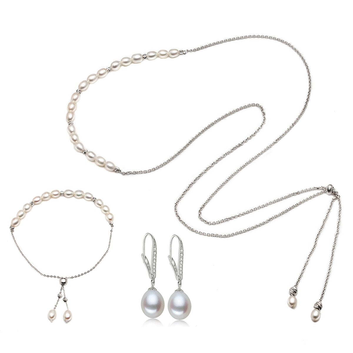 Fashion Long 925 Silver Pearls Women's Jewelry 4 pcs Set