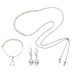 Fashion Long 925 Silver Pearls Women's Jewelry 4 pcs Set