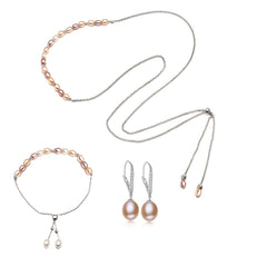 Fashion Long 925 Silver Pearls Women's Jewelry 4 pcs Set