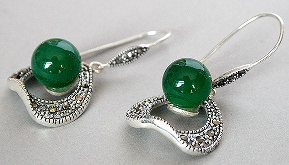 Green Jade Silver Hoop Earrings