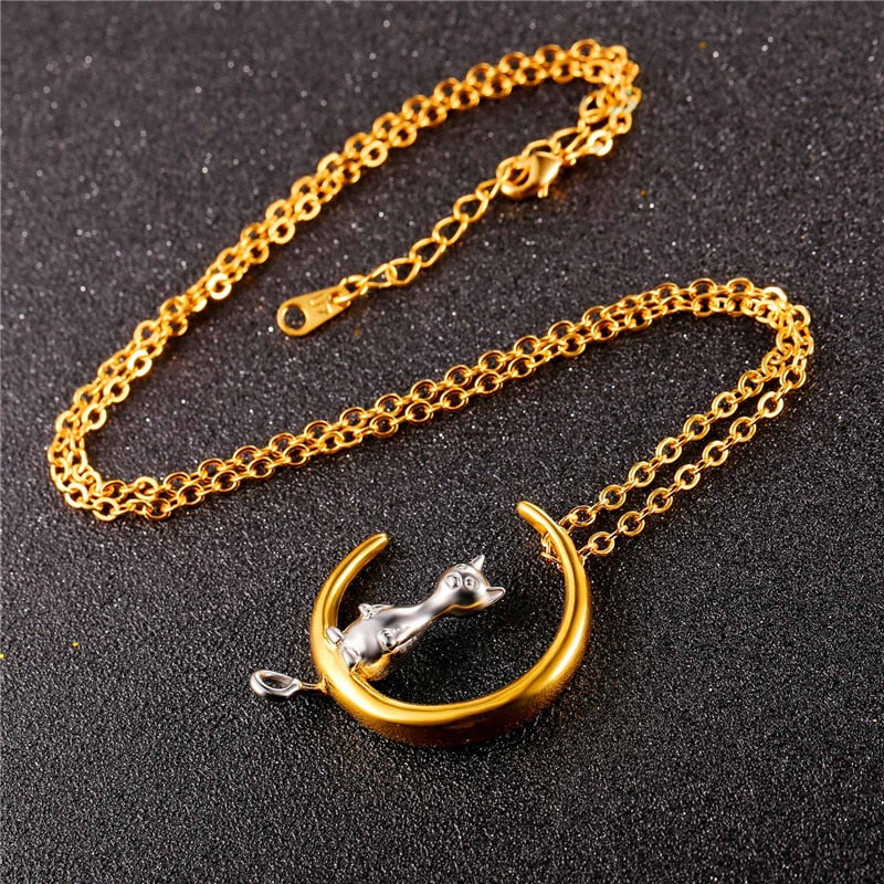 Charming Cat & Moon Shaped Steel Women's Necklace