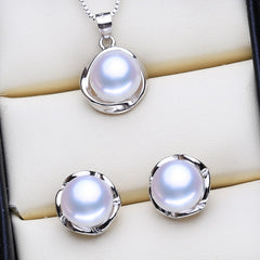Women's Classic Round Shaped 925 Silver Pearls Necklace and Earrings Jewelry 3 pcs Set