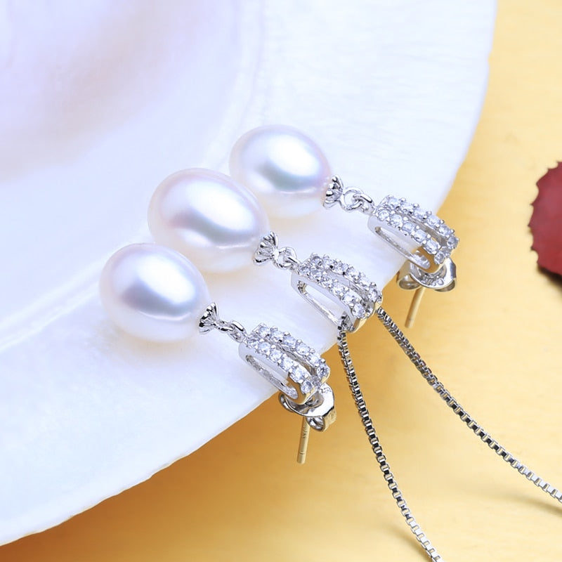 Classic 925 Silver Pearls Necklace and Earrings Women's Jewelry 3 pcs Set