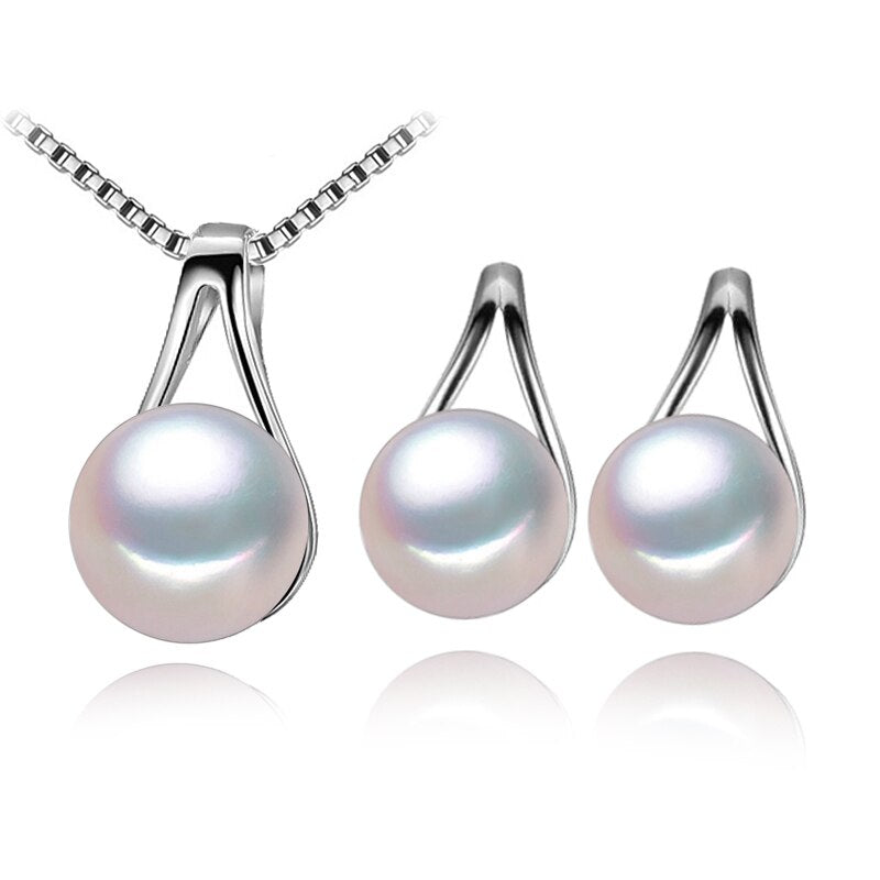 Women's Simple 925 Silver Pearls Necklace and Earrings Jewelry 3 pcs Set