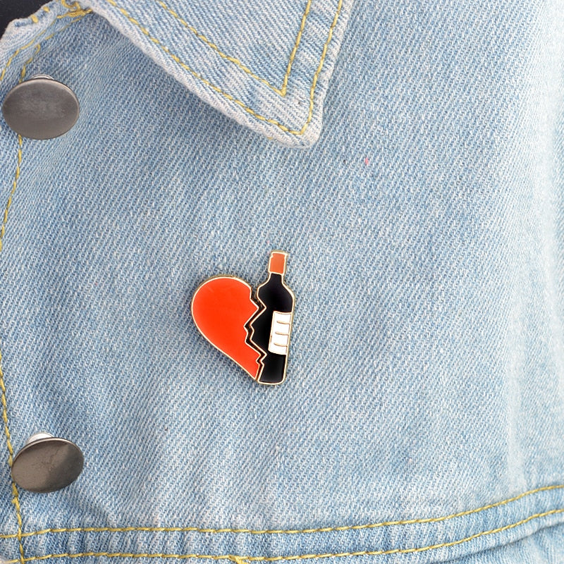 Metal Enamel Broken Heart and Wine Bottle, 2pcs/set