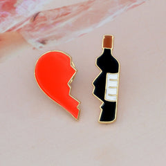 Metal Enamel Broken Heart and Wine Bottle, 2pcs/set