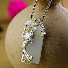 Natural White Jade Silver Peacock Pendant