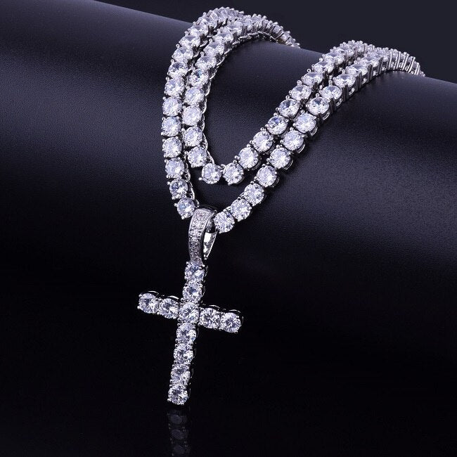 Men's Cross Shaped Rhinestones Decorated Pendant Necklace