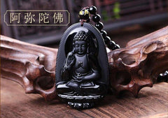 Black Obsidian Carved Buddha Pendant Necklace