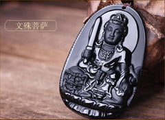Black Obsidian Carved Buddha Pendant Necklace