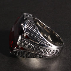 Men's Pure 925 Sterling Silver Ring with Red Stone