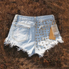 Rivet Ripped High Waist Shorts