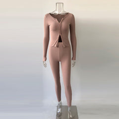Two Piece Set Ribbed Tracksuits with Double Zipper