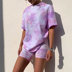 Tie Dye Printed Women's T-Shirt with Cycling Shorts Set