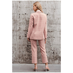 Pink Plaid Double Breasted Blazer with Pants Suit for Women