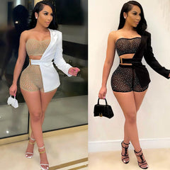 Women's Sexy Crystal Top, Blazer and Shorts Set