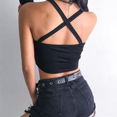Dragon Embroidered Buckle Black Crop Top for Women
