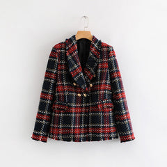 Red Plaid Tweed Blazer for Women