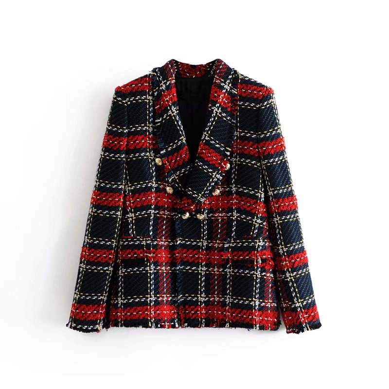 Red Plaid Tweed Blazer for Women