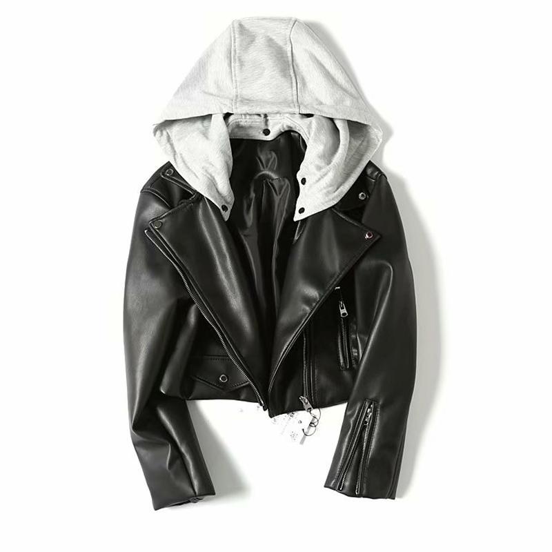 Black Women's Leather Jacket with Hood
