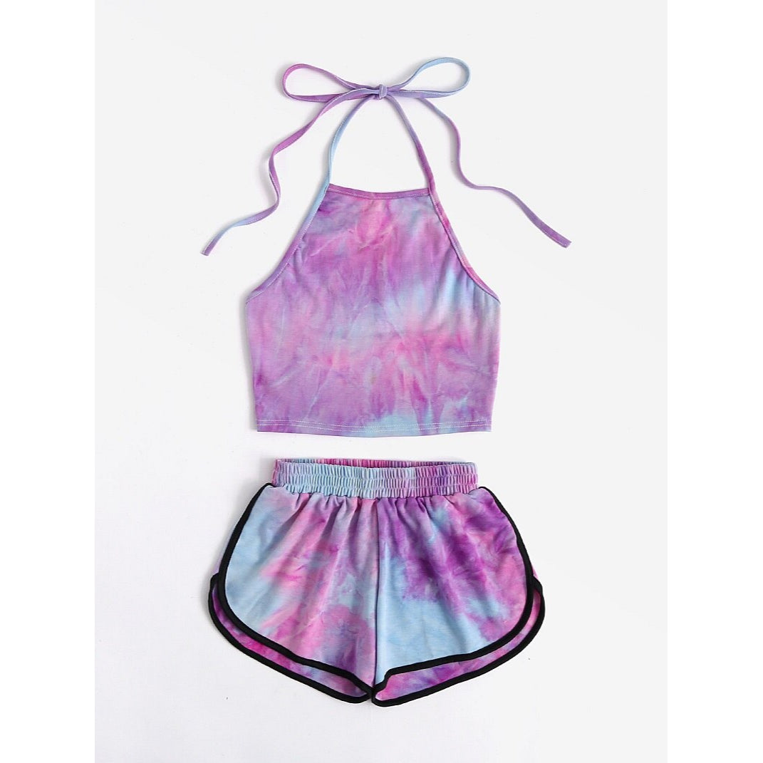 Women's Tie-Dye Gradient Halter Crop Top and Shorts Set