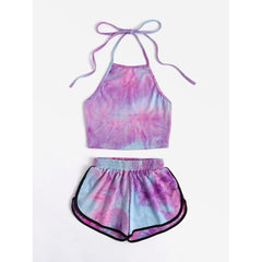 Women's Tie-Dye Gradient Halter Crop Top and Shorts Set
