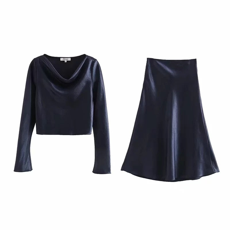 Women's Elegant Silk Crop Top and Skirt 2 pcs Set