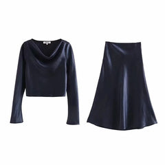 Women's Elegant Silk Crop Top and Skirt 2 pcs Set