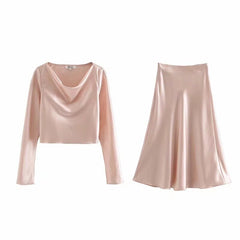 Women's Elegant Silk Crop Top and Skirt 2 pcs Set