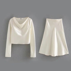 Women's Elegant Silk Crop Top and Skirt 2 pcs Set