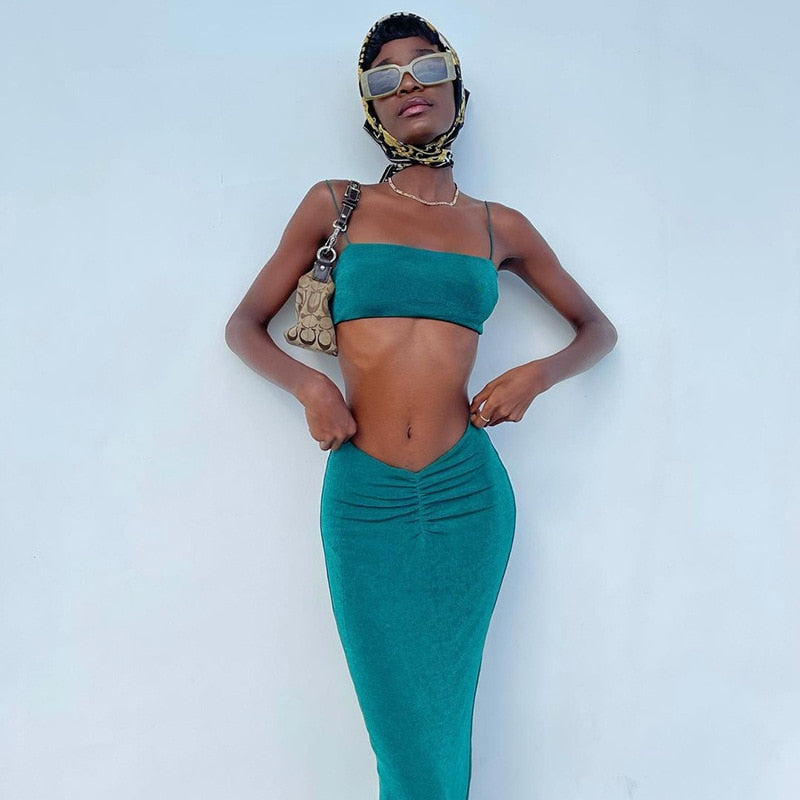 Women's Summer Ruched Top and Skirt Set