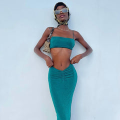 Women's Summer Ruched Top and Skirt Set