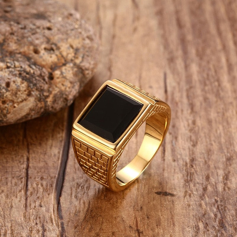 Stainless Steel Ring with Black Stone