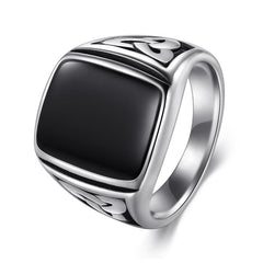 Square Steel Black Stone Titanium Ring for Men