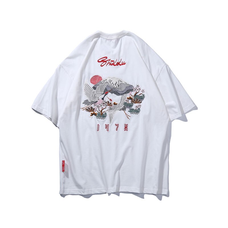 Men's Japanese Style Crane Embroidery T-Shirt