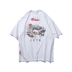 Men's Japanese Style Crane Embroidery T-Shirt