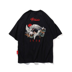 Men's Japanese Style Crane Embroidery T-Shirt