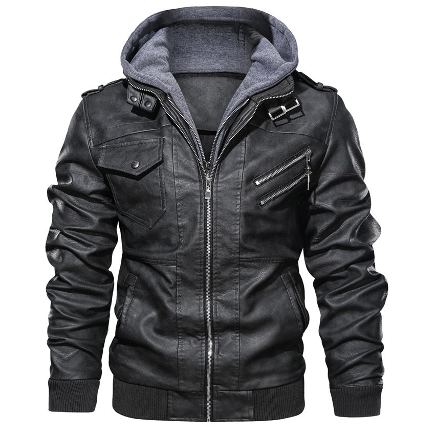 Men's Leather Jacket with Hood