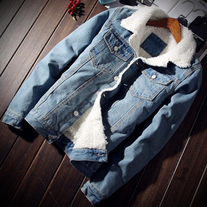 Men's Warm Fleece Denim Jacket with Fur