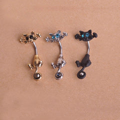 Cute Black Cat Shaped Jeweled Steel Belly Ring