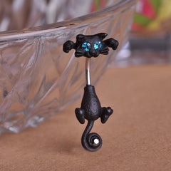 Cute Black Cat Shaped Jeweled Steel Belly Ring