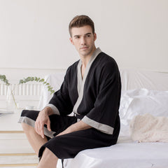 Men's Black Cotton Waffle Bathrobe