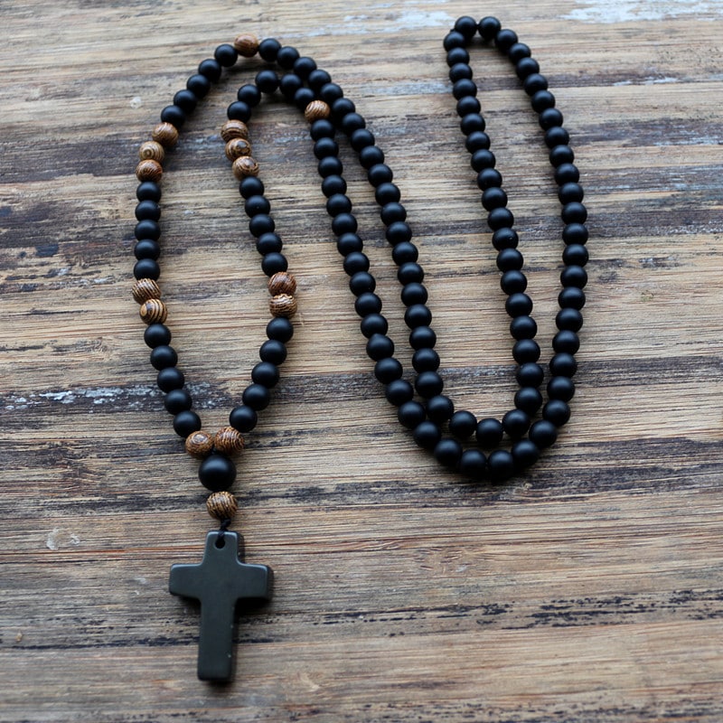 Wood Beads With Black Stone