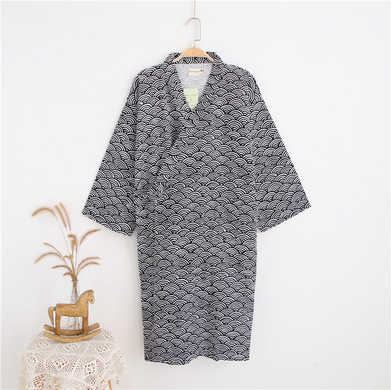 Men's Black/Gray Loose Thin Style Cotton Bathrobe